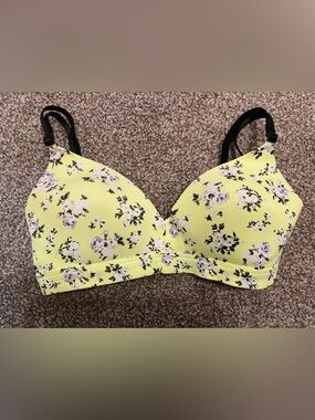 PINK Victoria's Secret Yellow Floral Push-Up Bra with Black Straps